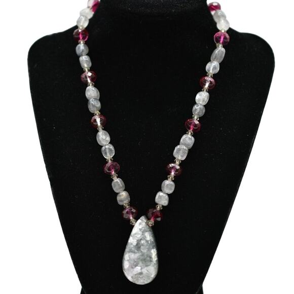 Geode Pendant Necklace Natural Cracked  Statement Red Crystal Beaded BinA - Picture 1 of 12